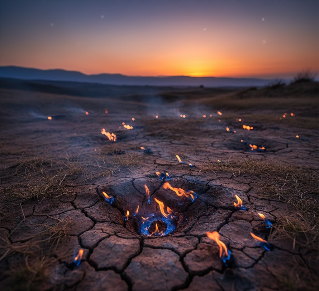Natural methane gas flames bursting through cracked earth at sunset in Buzău, Romania.