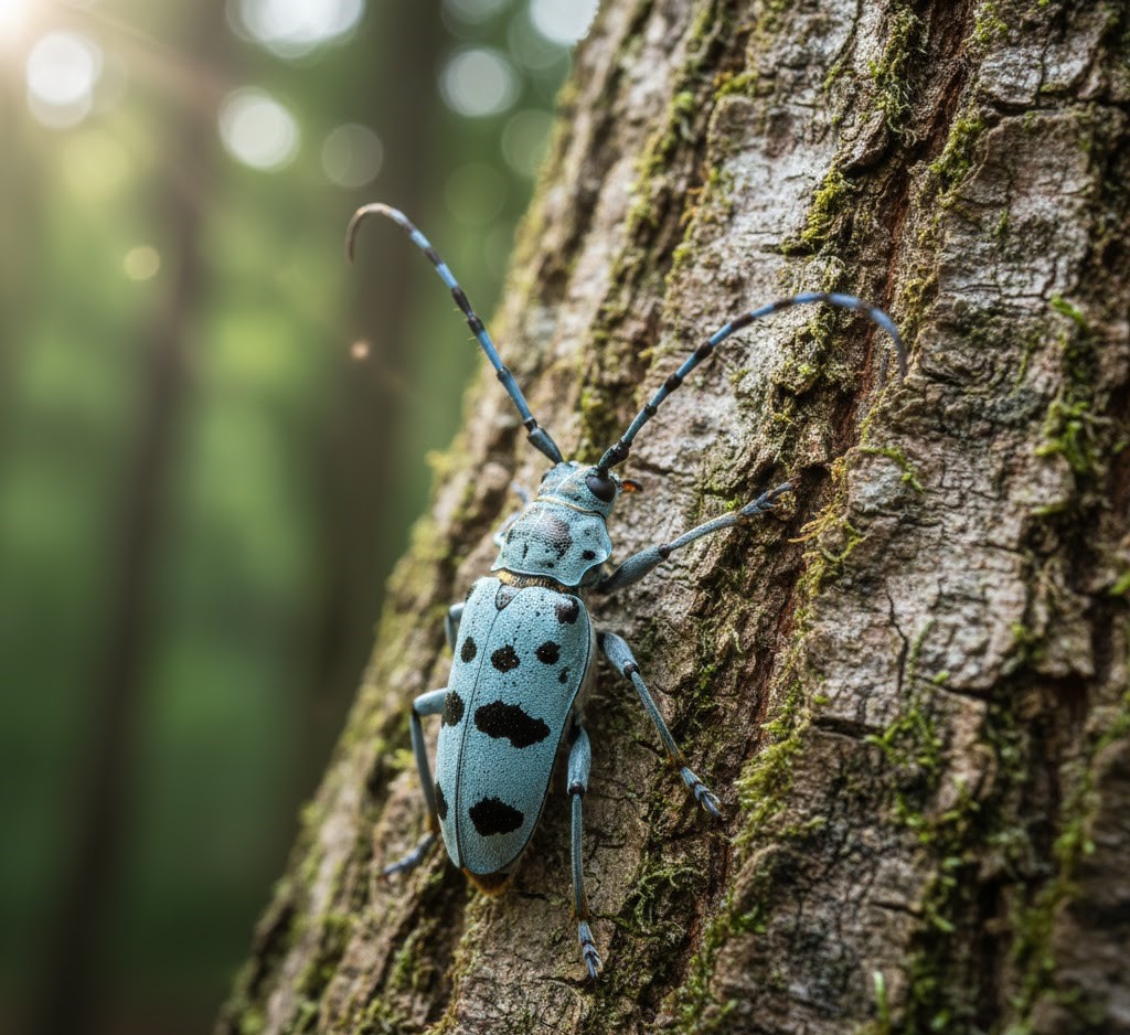 Blue Alpine Longhorn Beetle on a mossy beech tree trunk.
