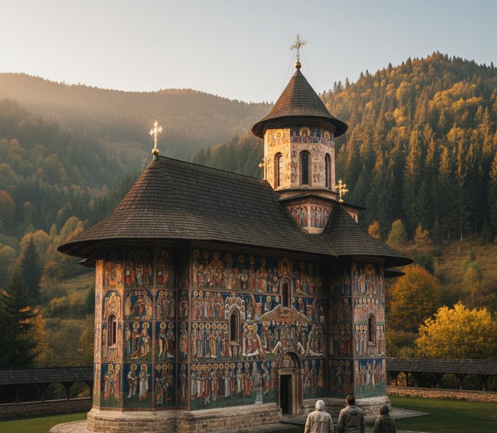 Voroneț Monastery with famous blue frescoes and tourists in Bukovina.