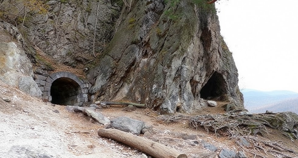 Natural stone entrance of Puturosu Cave with wooden logs outside.