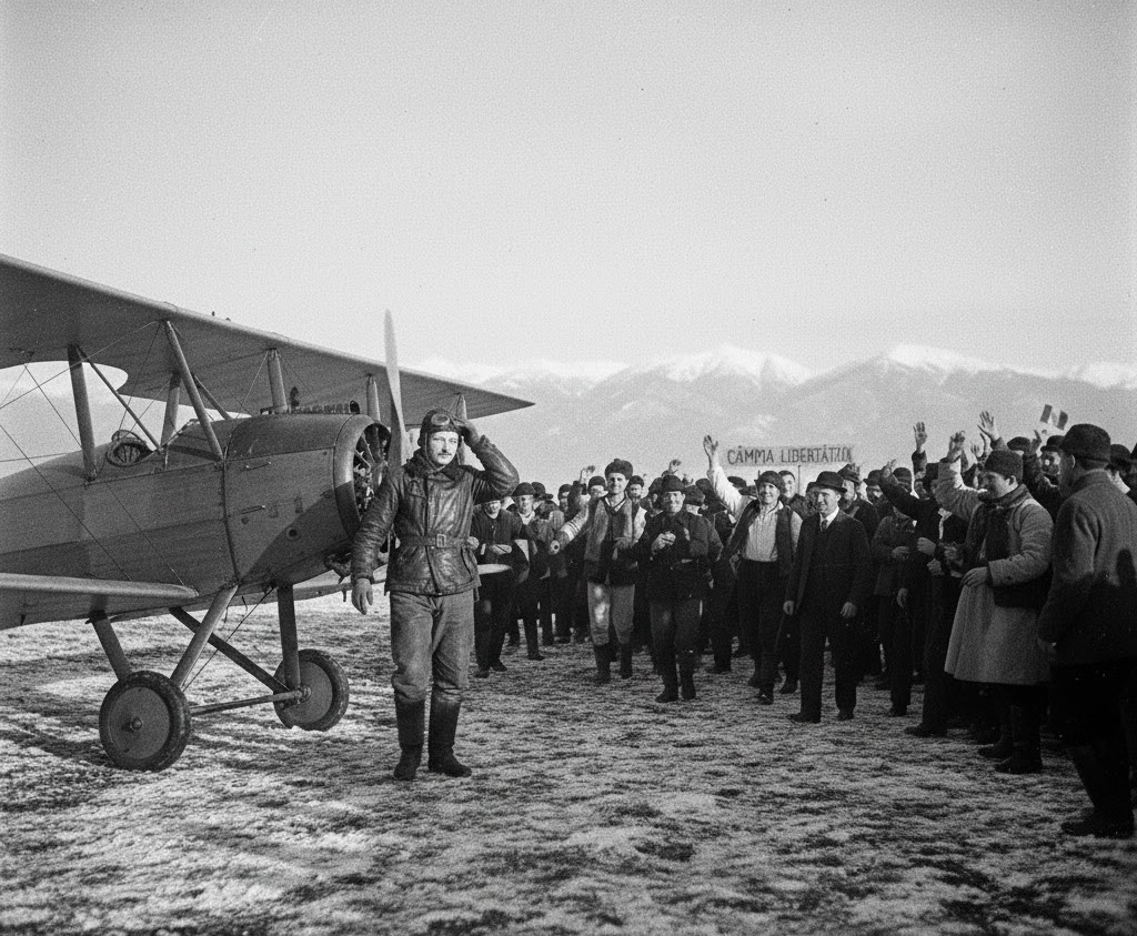 Pilot Vasile Niculescu by his biplane on Câmpia Libertății, Blaj.