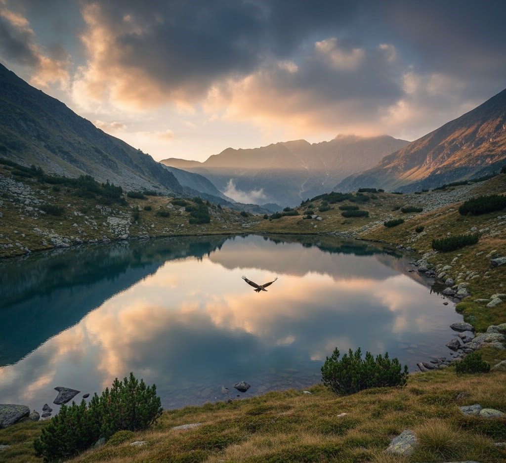 A breathtaking reflection of the sunset and a flying eagle in the crystal-clear waters of Eagle Lake (Lacul Vulturilor), Siriu Mountains, Romania.