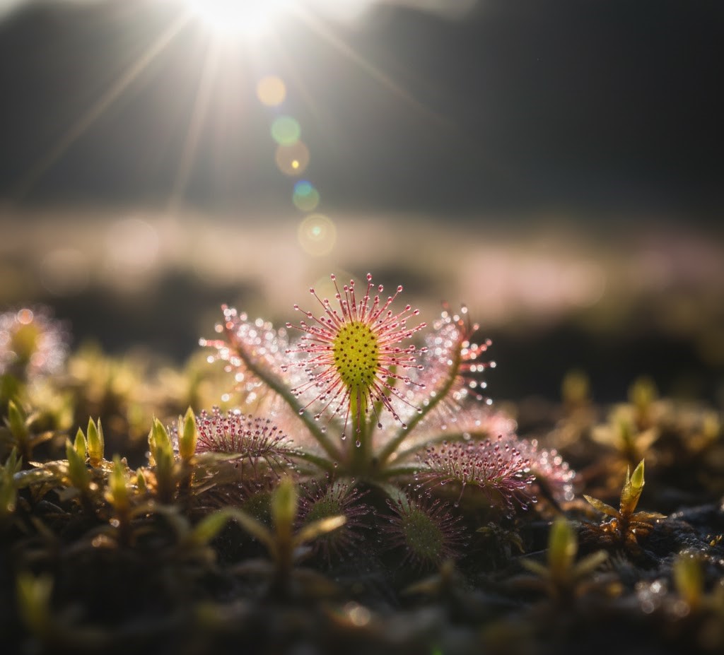 A breathtaking macro photograph of the Sundew (Roua Cerului) carnivorous plant in a Romanian mountain bog. A breathtaking macro photograph of the Sundew (Roua Cerului) carnivorous plant in a Romanian mountain bog.