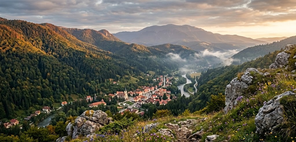 Panoramic view of Baile Tusnad town in a lush volcanic valley.