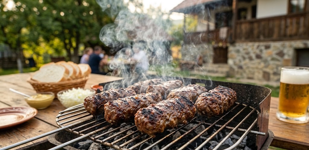 Succulent Romanian Mici grilling on charcoal in a rustic garden, served with mustard, fresh bread, and cold beer.