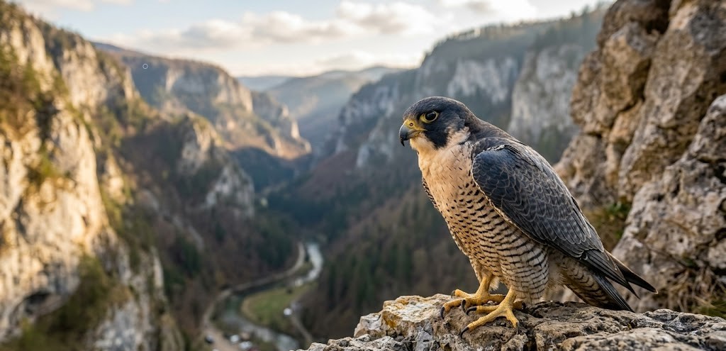 A majestic Peregrine Falcon perched on a rocky cliff overlooking a deep mountain gorge.