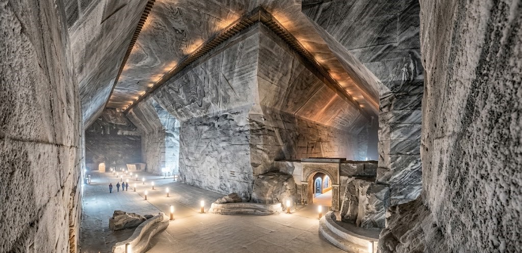 Enormous trapezoidal halls with illuminated salt walls inside the Slănic Prahova Salt Mine, Romania. Enormous trapezoidal halls with illuminated salt walls inside the Slănic Prahova Salt Mine, Romania.