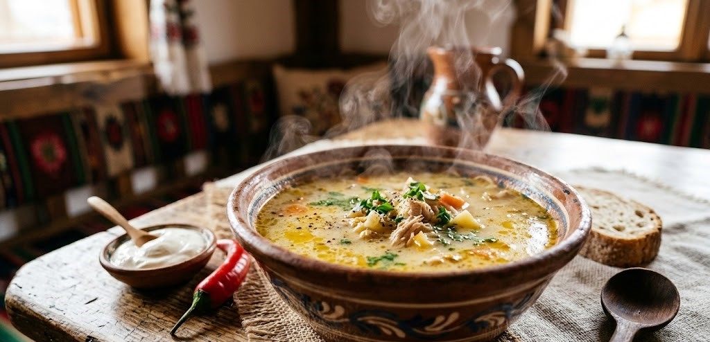A steaming bowl of traditional Romanian Radautiana soup served in a rustic clay bowl on a wooden table, accompanied by a small dish of sour cream, a red chili pepper, and a wooden spoon in a traditional setting.