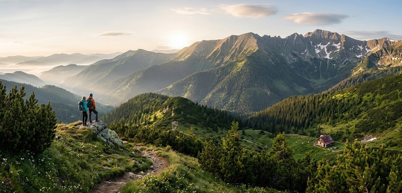 Panoramic view of hikers on a trail in Sureanu Mountains, Romania, with pine forests and peaks. Panoramic view of hikers on a trail in Sureanu Mountains, Romania, with pine forests and peaks.