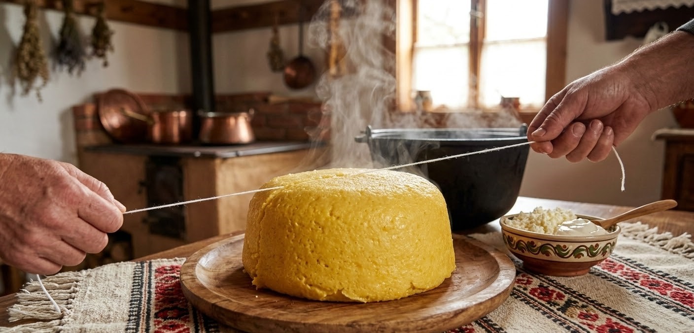 A steaming, golden Romanian mămăliga (polenta) on a traditional wooden platter, being sliced with a white thread in a rustic kitchen setting.