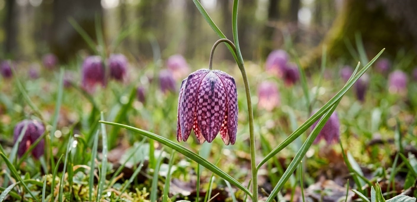 Macro shot of a purple checkered Fritillary (Laleaua Pestriță) in the wild Botorogi Forest, Romania, showing the unique geometric pattern of its bell-shaped petals.