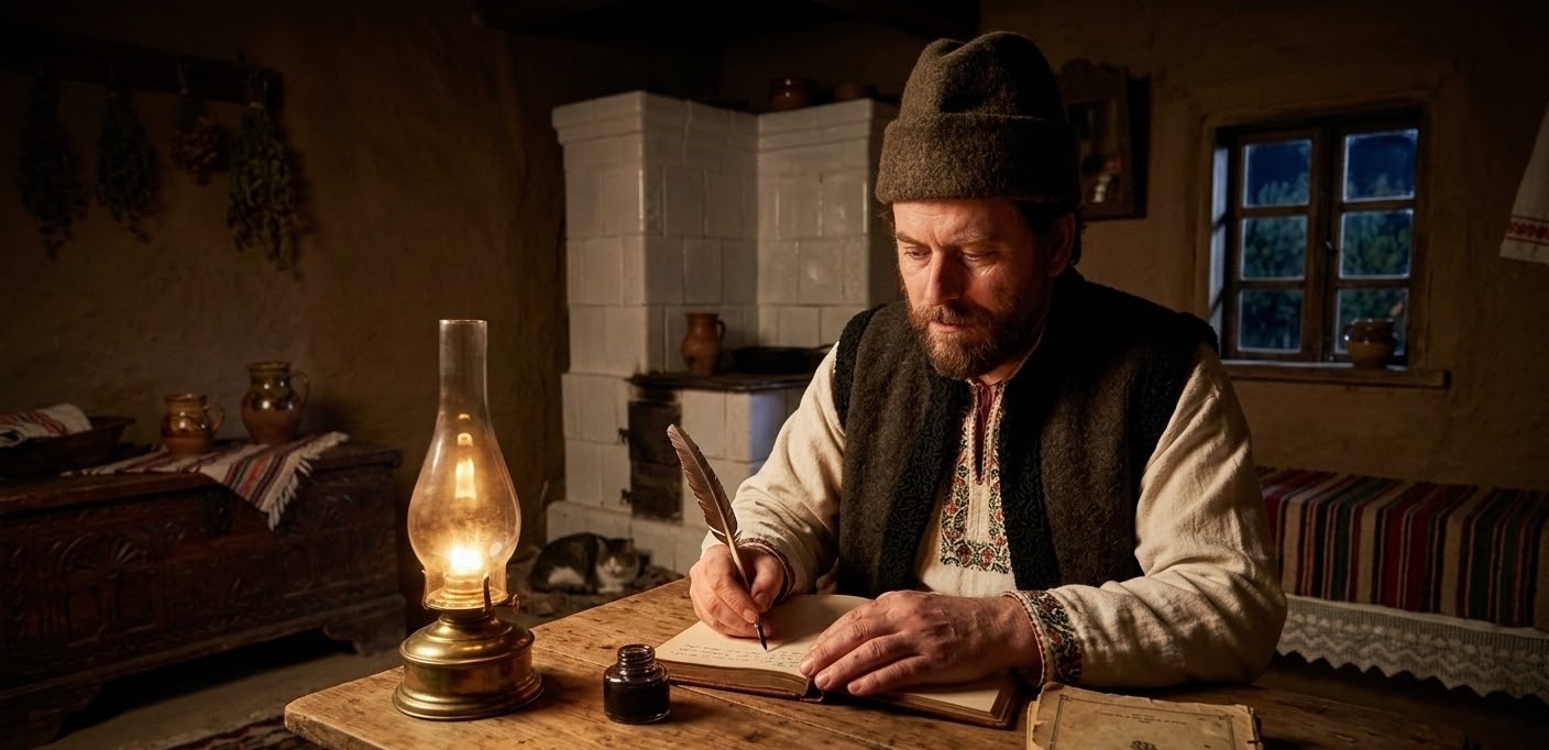 A cinematic, photorealistic portrayal of Ion Creangă writing with a quill pen at a wooden table in his humble Humulești cottage.