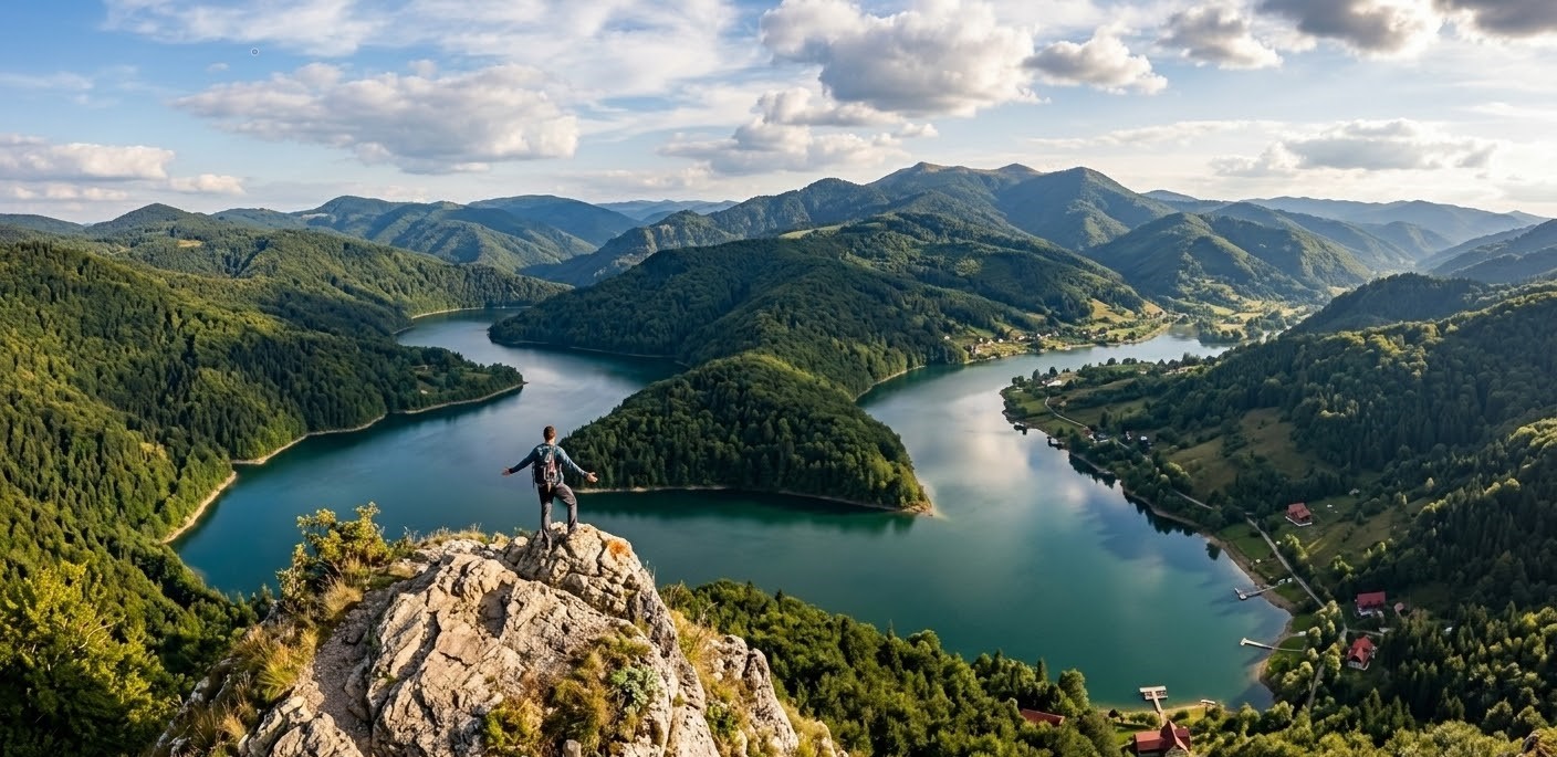 Panoramic view of Lake Tarnita from Piatra lui Lucaci viewpoint with emerald water and green mountains.