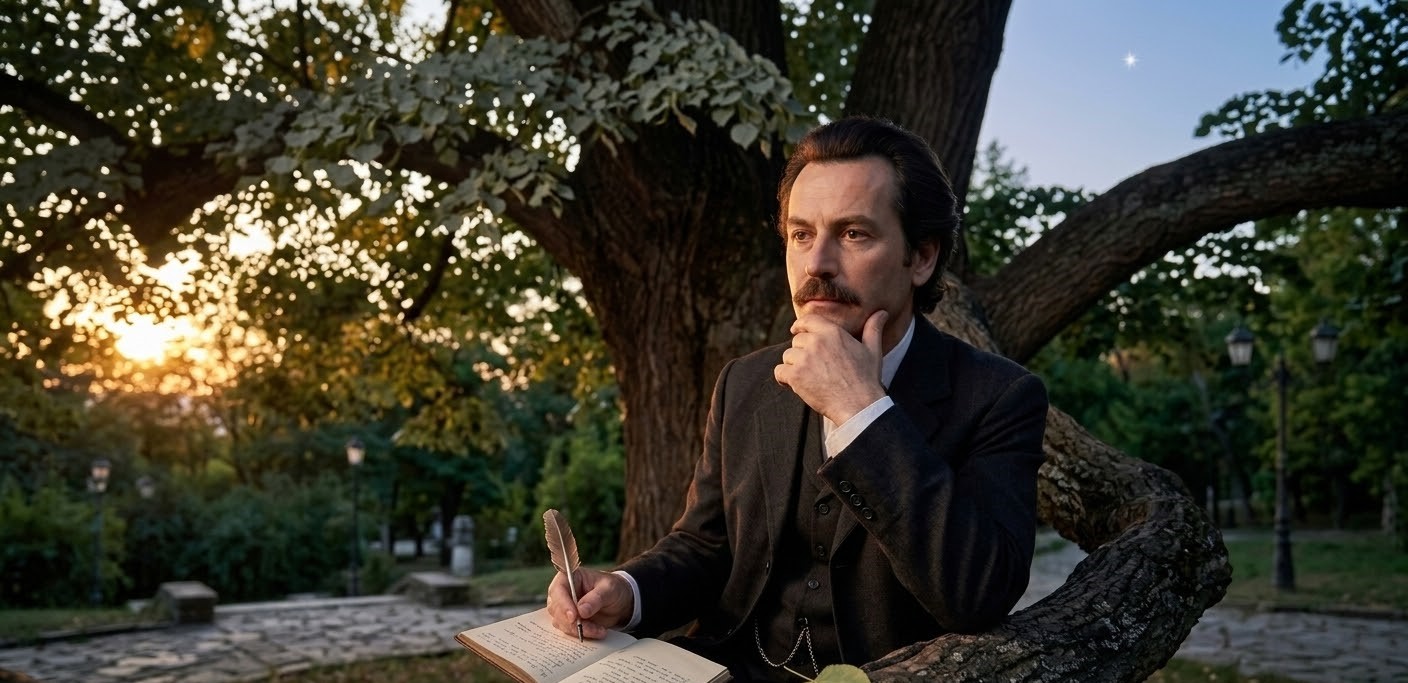 A cinematic, photorealistic portrait of Mihai Eminescu in a reflective pose, sitting by his legendary 500-year-old linden tree in Copou Park, Iași.