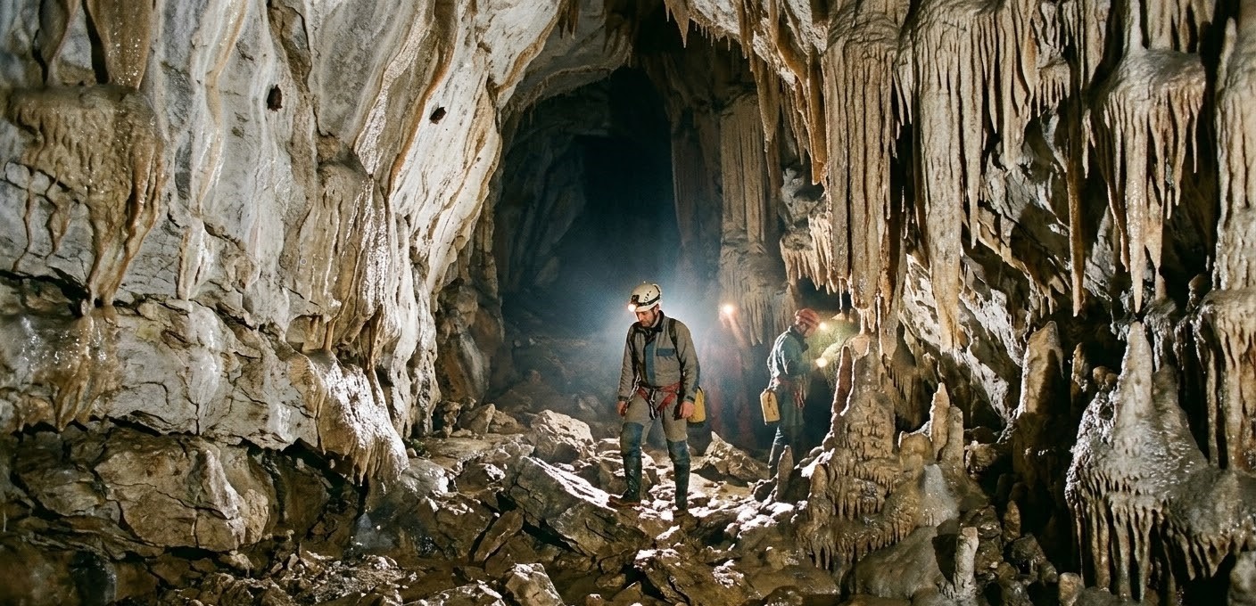 Interior of Gaunoasa Cave in Romania with speleologists exploring limestone formations and ancient stalactites.