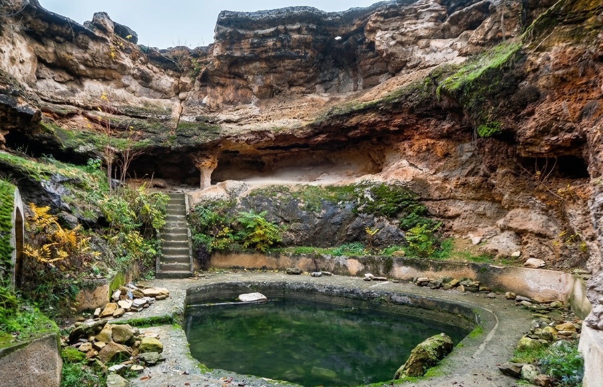 An original digital representation of the Germisara Roman Baths in Geoagiu-Bai, Romania, showing the ancient circular thermal basin carved into the rock, surrounded by travertine walls and natural vegetation.
