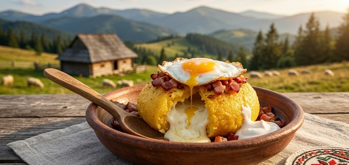 A close-up of a traditional Romanian Bulz served in a rustic clay bowl on a wooden table, featuring melted sheep cheese oozing from roasted polenta, topped with a fried egg and bacon. The Carpathian Mountains and a traditional sheepfold are visible in the scenic, blurred background at sunset.