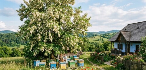 black-locust-blooming-tree-beehives-traditional-romanian-house-salcamul.jpg