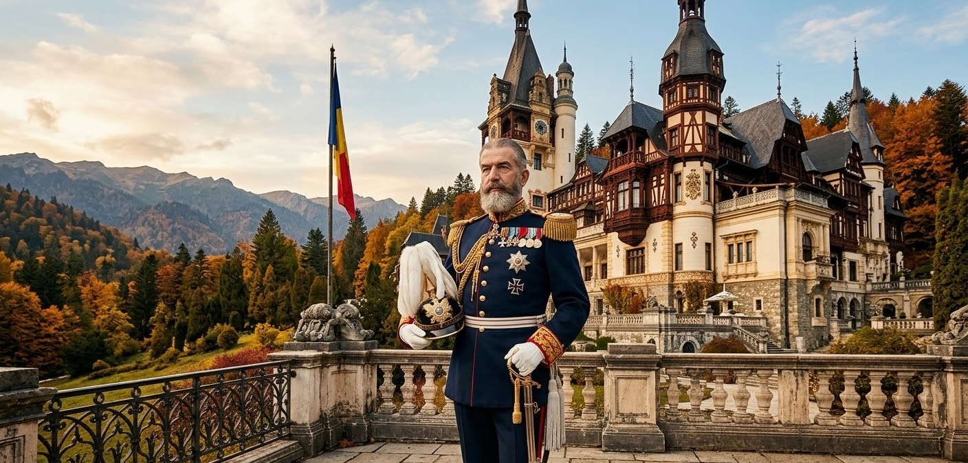 King Carol I of Romania in military uniform standing on the terrace of Peles Castle in Sinaia during autumn. King Carol I of Romania in military uniform standing on the terrace of Peles Castle in Sinaia during autumn.