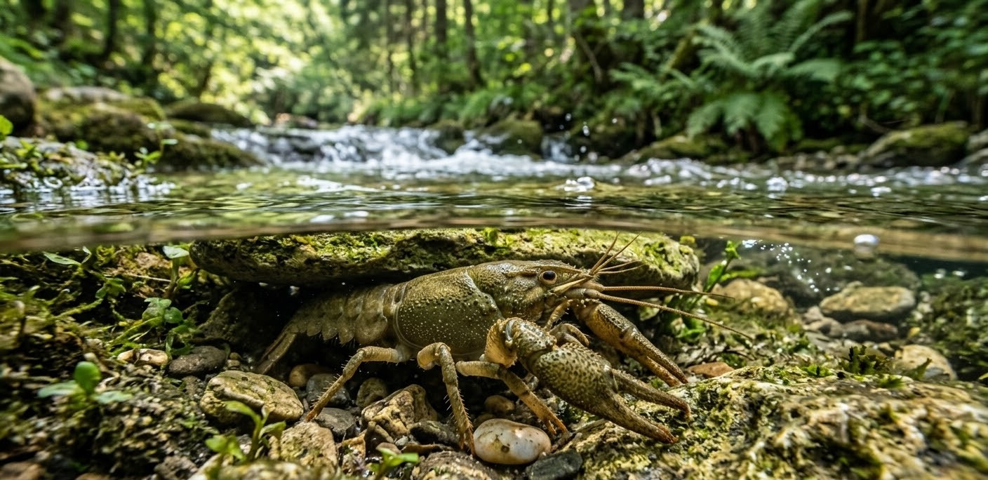 Close-up of a Stone Crayfish (Racul Bihorean) in a crystal-clear mountain stream in the Romanian Apuseni. Close-up of a Stone Crayfish (Racul Bihorean) in a crystal-clear mountain stream in the Romanian Apuseni.