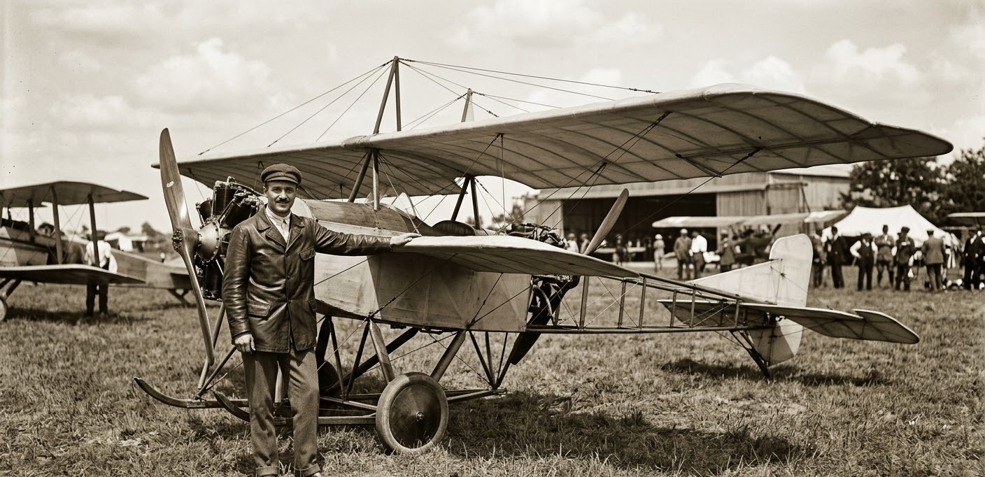 Portrait of Aurel Vlaicu next to his historical monoplane invention.