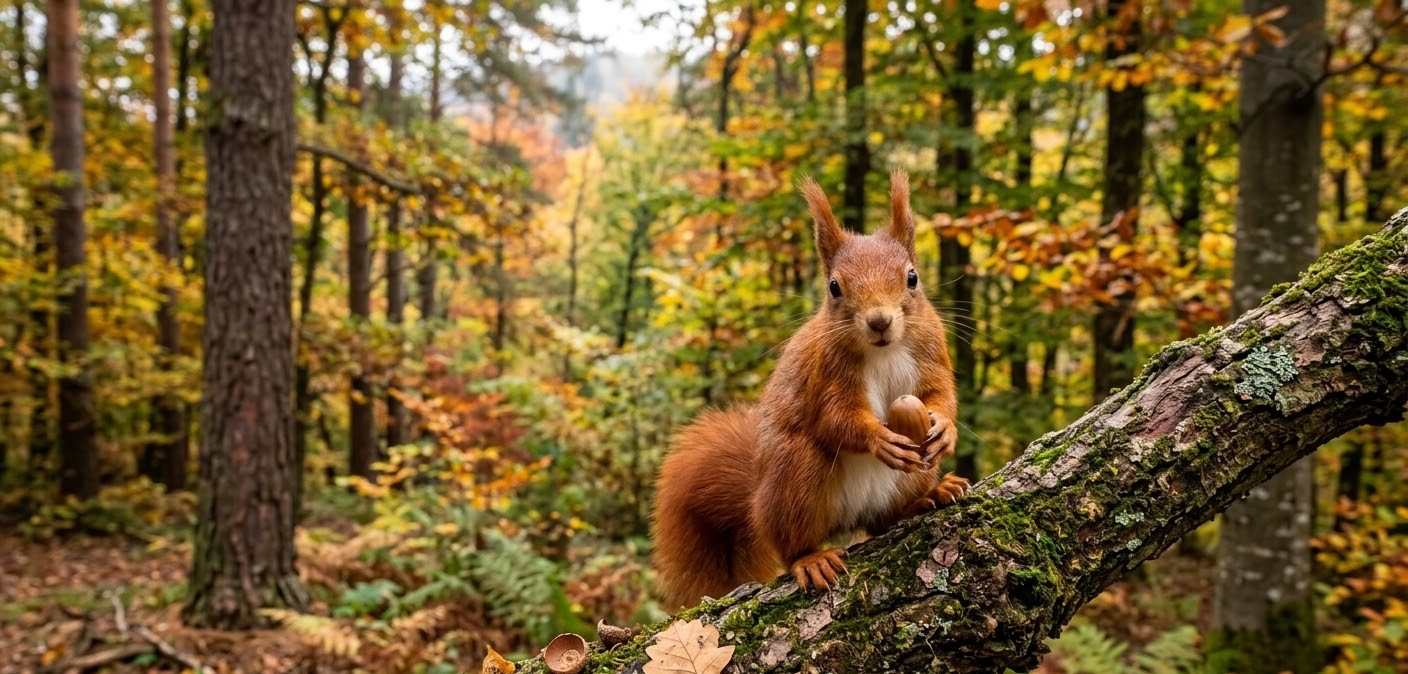 Red squirrel holding an acorn on a mossy Carpathian branch. Red squirrel holding an acorn on a mossy Carpathian branch.