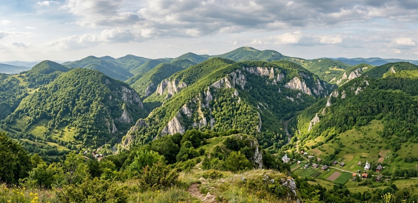 Scenic view of Pădurea Craiului Mountains in Romania featuring limestone cliffs, green forests, and valleys.
