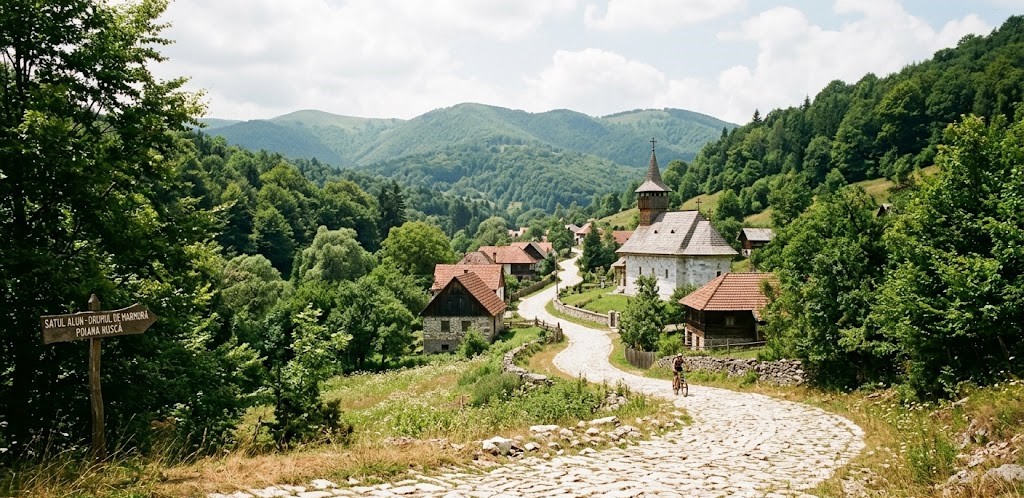 The unique marble-paved road in Alun village, Poiana Rusca Mountains, Hunedoara, Romania. The unique marble-paved road in Alun village, Poiana Rusca Mountains, Hunedoara, Romania.