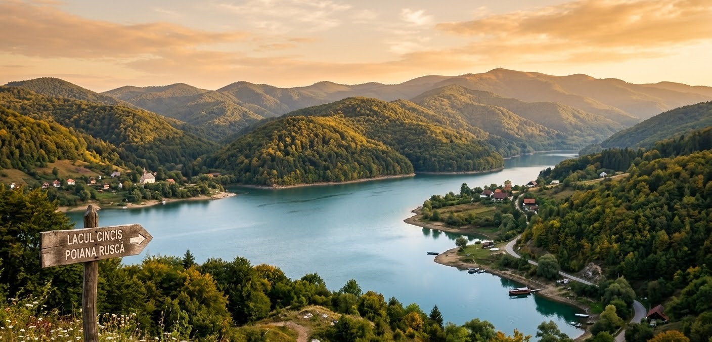 Panoramic sunset view of Lake Cincis surrounded by forested hills in Romania. Panoramic sunset view of Lake Cincis surrounded by forested hills in Romania.