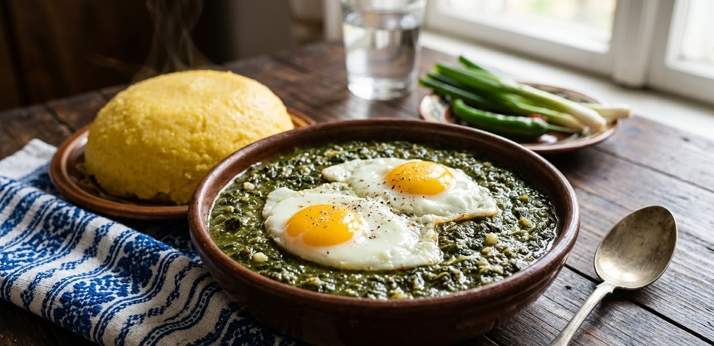 Traditional Romanian nettle stew served in a clay bowl with fried eggs and a side of polenta (mămăligă). Traditional Romanian nettle stew served in a clay bowl with fried eggs and a side of polenta (mămăligă).
