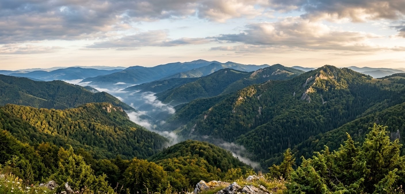A misty morning panorama of the rolling green Poiana Rusca Mountains. A misty morning panorama of the rolling green Poiana Rusca Mountains.