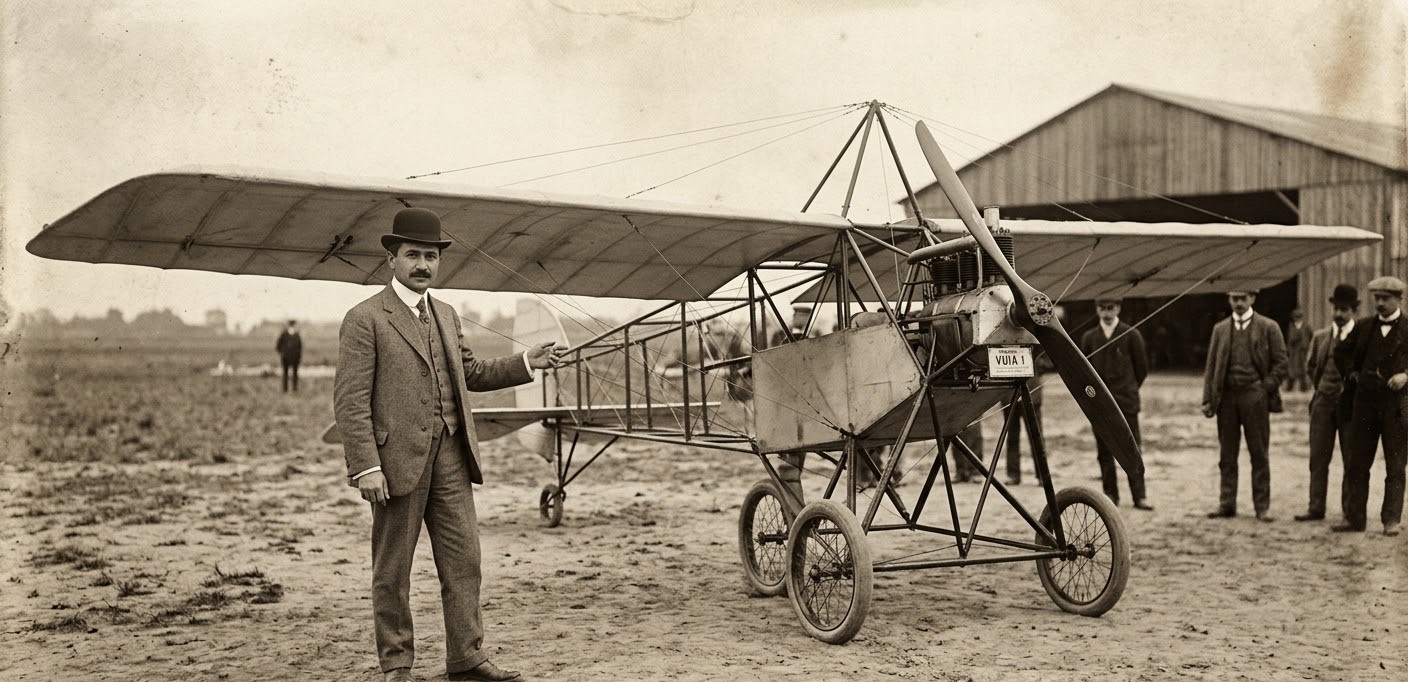 Vintage-style photograph of Traian Vuia standing next to his monoplane, the Vuia I, on a flight field. Vintage-style photograph of Traian Vuia standing next to his monoplane, the Vuia I, on a flight field.