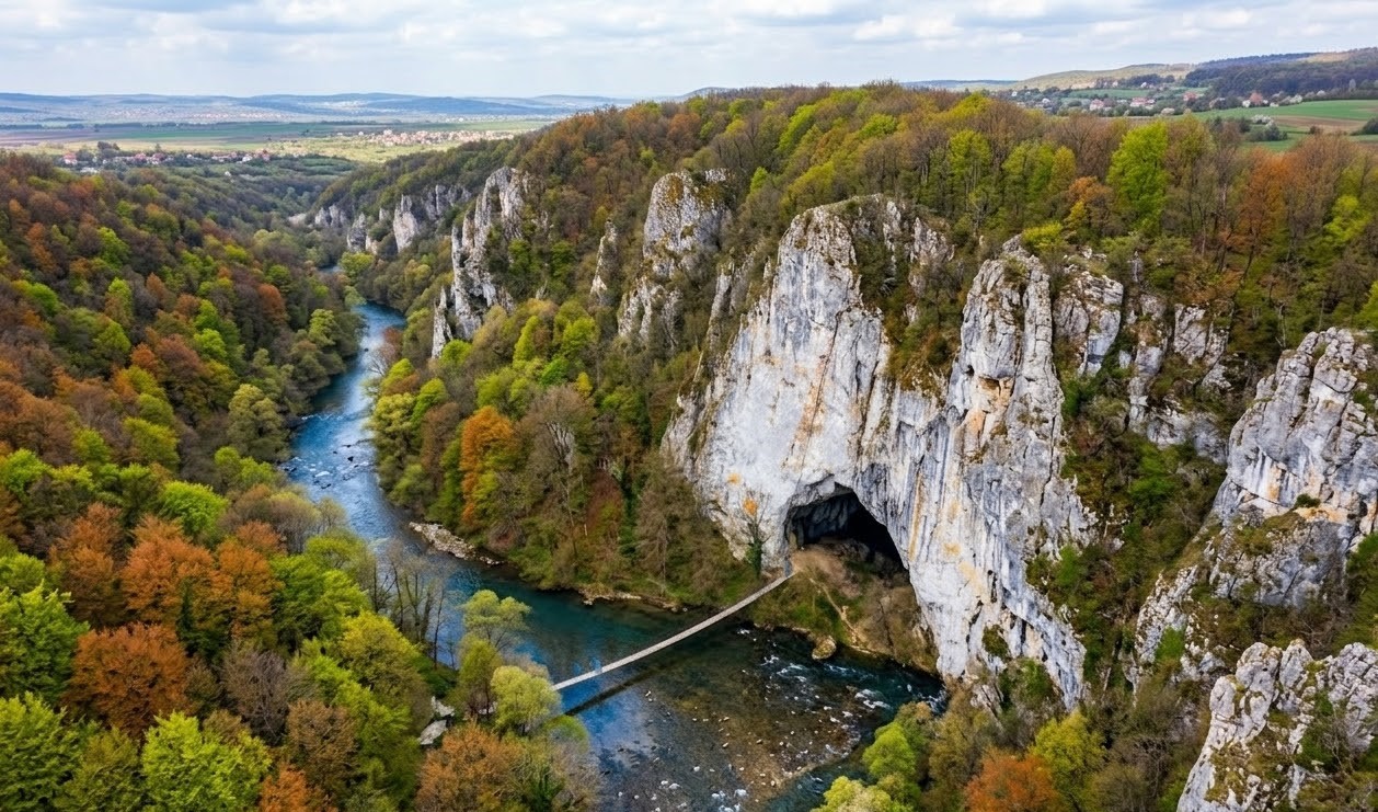 Aerial view of Unguru Mare Cave entrance and Crisul Repede river. Aerial view of Unguru Mare Cave entrance and Crisul Repede river.