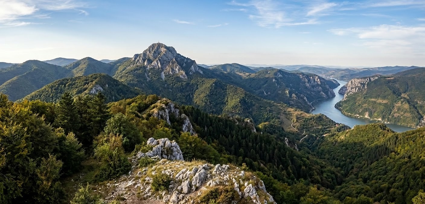 Panoramic view of Svinecea Mare Peak in Almăj Mountains overlooking the scenic Danube River Gorges.