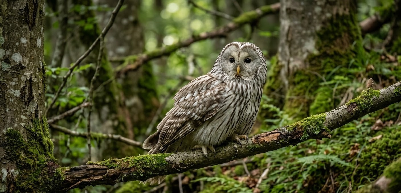 A majestic Ural Owl (Huhurez Mare) perched on a mossy branch in the heart of a wild Romanian forest, showing its distinctive pale plumage and intense dark eyes. A majestic Ural Owl (Huhurez Mare) perched on a mossy branch in the heart of a wild Romanian forest, showing its distinctive pale plumage and intense dark eyes.