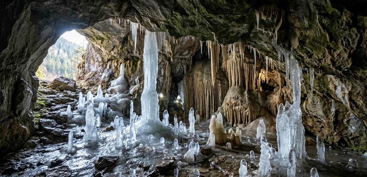 Stunning ice stalagmites and limestone columns inside the Vârtop Ice Cave in the Apuseni Mountains.