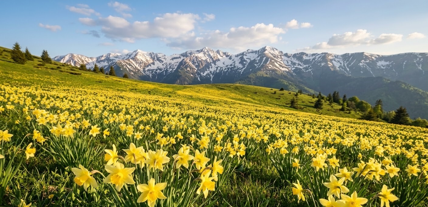 A breathtaking field of wild yellow narcissus blooming in a mountain meadow, with the snow-capped peaks of the Făgăraș Mountains in the background under a clear spring sky.