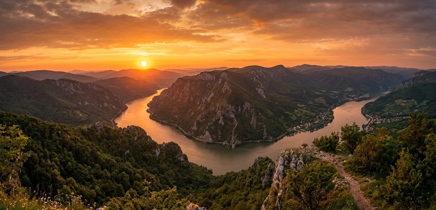 Panoramic sunset view over the Locva Mountains and the Danube Gorges in Romania, showing limestone cliffs and lush green forests.