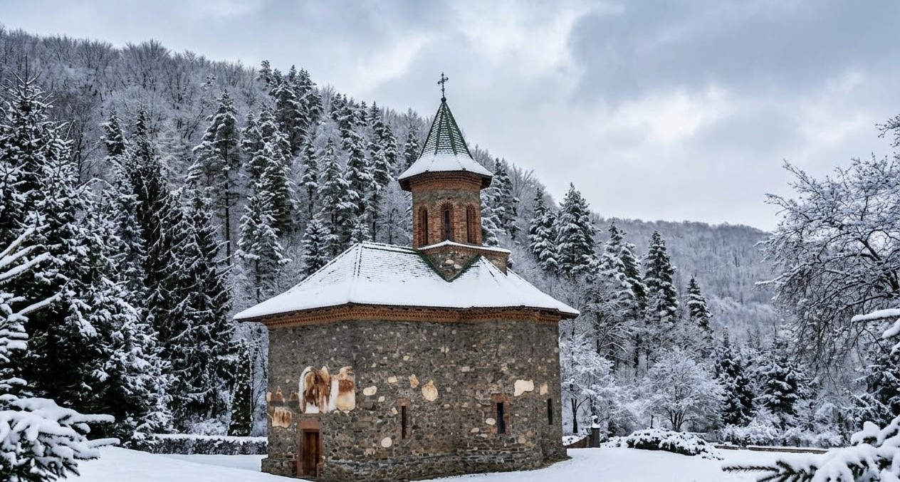 A detailed and atmospheric winter view of the historic Prislop Monastery church in Romania, covered in deep snow and framed by snow-laden forest branches under an overcast sky.