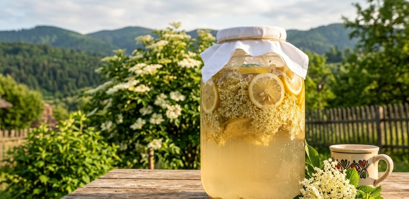 A large glass jar of Romanian Socată sitting on a sunny rustic wooden table, filled with fresh elderflowers, lemon slices, and bubbles, with a green garden background.