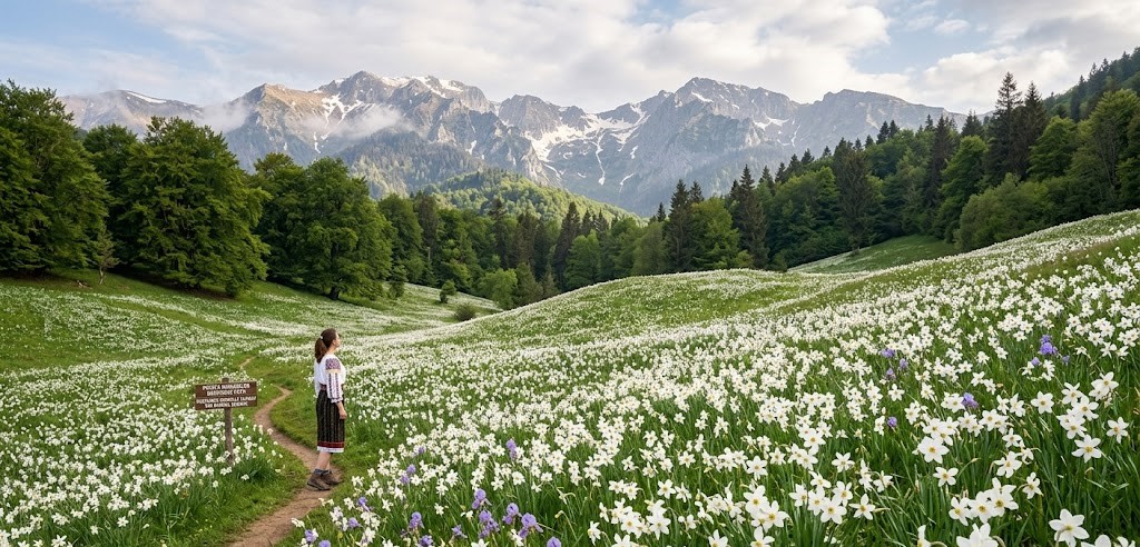 A wide-angle landscape of a vast mountain meadow in Romania covered in millions of wild white narcissi, with the snowy peaks of the Carpathians in the background.