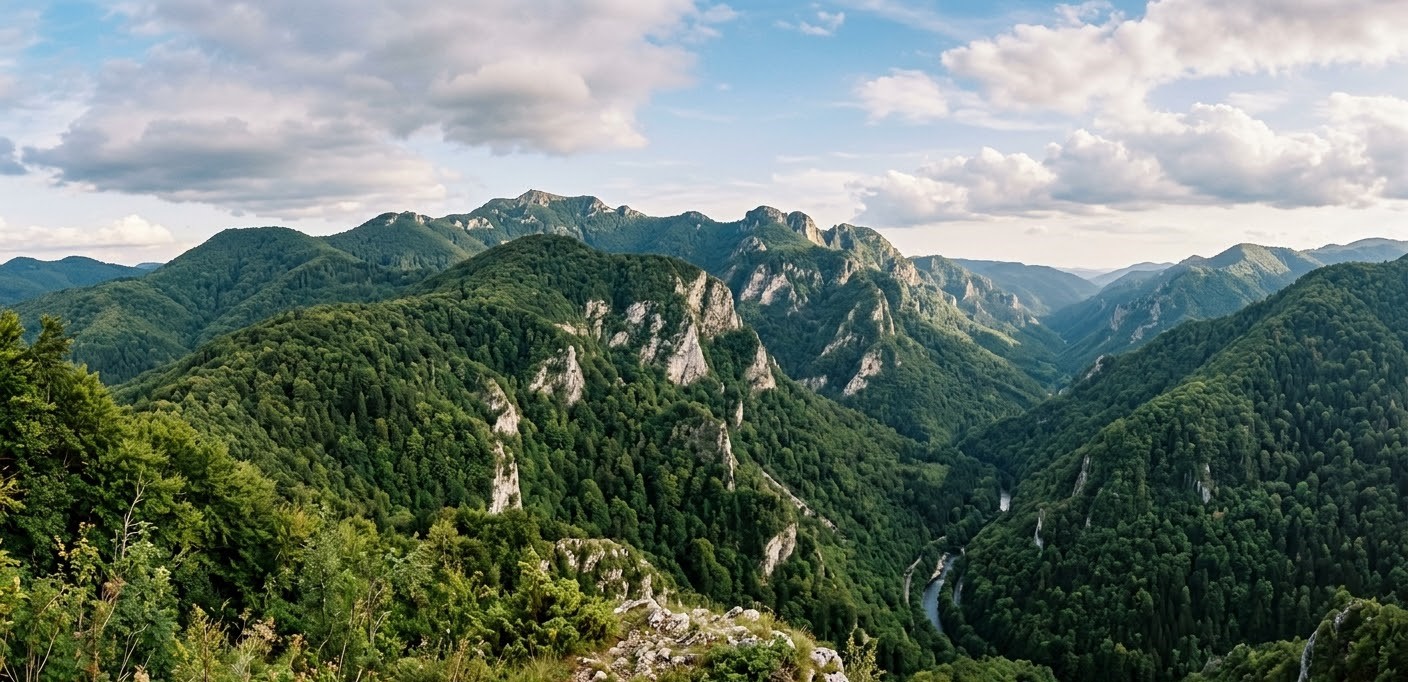 Scenic landscape of the wild Anina Mountains and Caras Gorges in the Banat region, Romania.