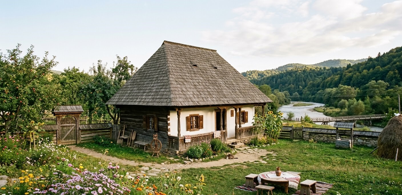 Fairytale-style artwork depicting the historic wooden Ion Creanga Memorial House in Humulesti, Romania, designed as an imaginative book illustration for Childhood Memories. Fairytale-style artwork depicting the historic wooden Ion Creanga Memorial House in Humulesti, Romania, designed as an imaginative book illustration for Childhood Memories.