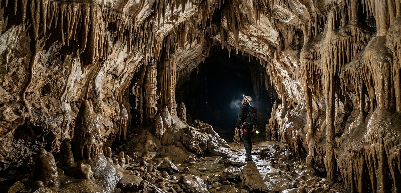 Intricate limestone formations and stalactites inside Gaura cu Musca Cave, a historical and natural landmark in the Danube Gorge, Banat region.