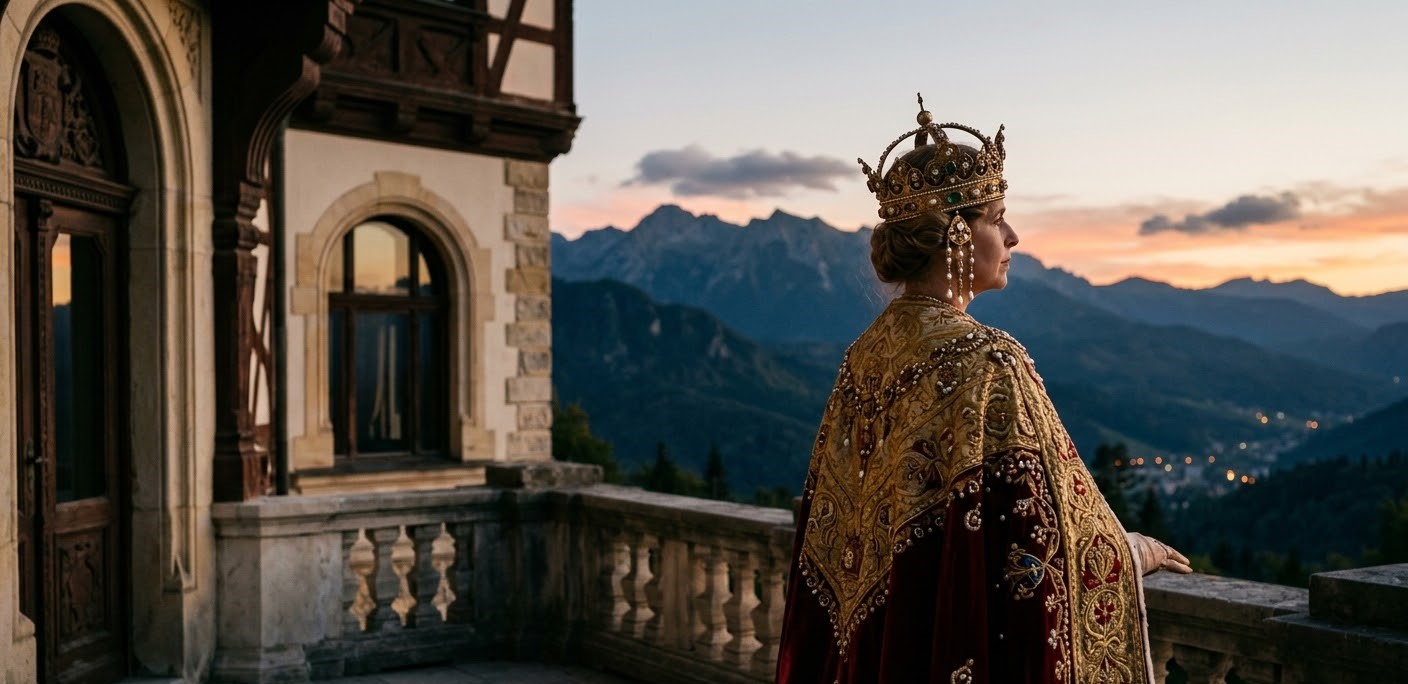 A side profile of Queen Marie of Romania wearing her golden coronation crown and a velvet royal mantle, looking out from a castle balcony towards the Carpathian Mountains at sunset.