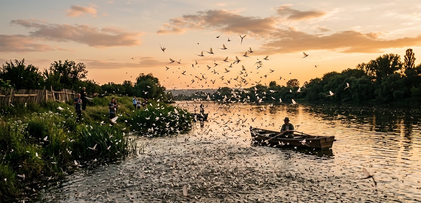 The rare natural phenomenon of the blooming of the river (Rusalia) in Romania, showing mass hatching of Palingenia longicauda insects over the water.