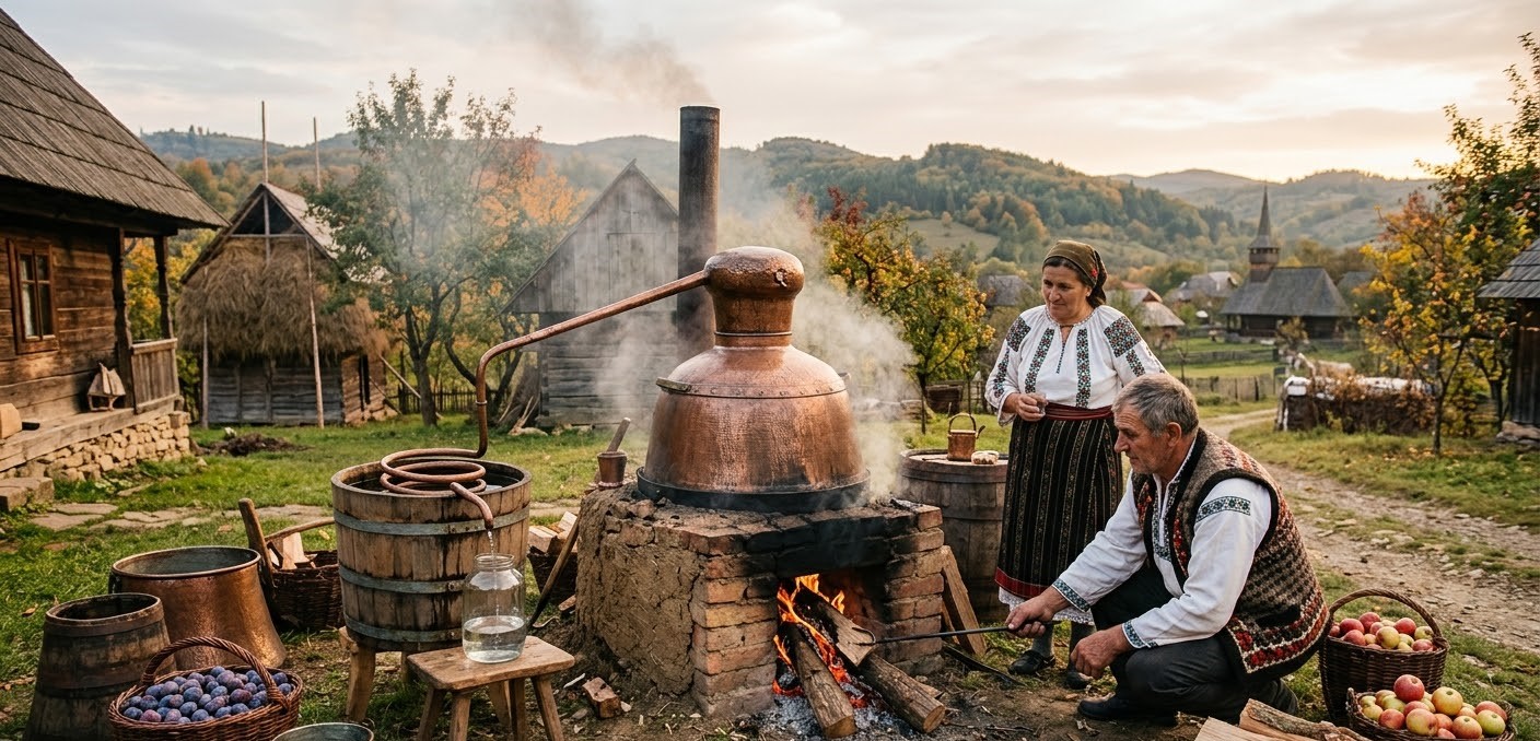 Traditional distillation of Țuică and Pălincă in a Romanian village, showing the authentic copper cauldron and the artisanal process of making fruit spirits in the Carpathian region.