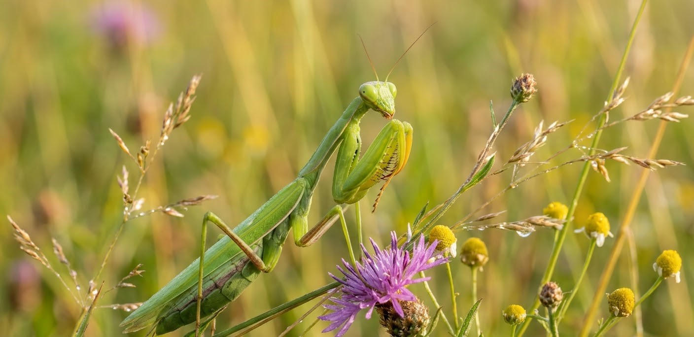 A macro shot of a green European Mantis (Mantis religiosa) in a Romanian meadow, perched on a purple wildflower with its front legs in a praying position, surrounded by soft morning light and dew-covered grass.