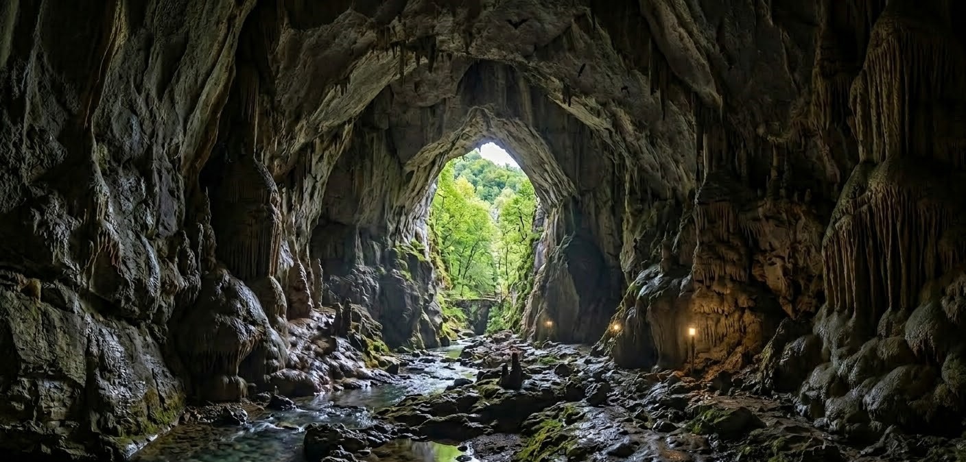 View from the deep interior of Poarta lui Ionele Cave looking out toward the massive entrance portal, showing stalactites, limestone formations, and a small stream flowing through the rocky cave floor.