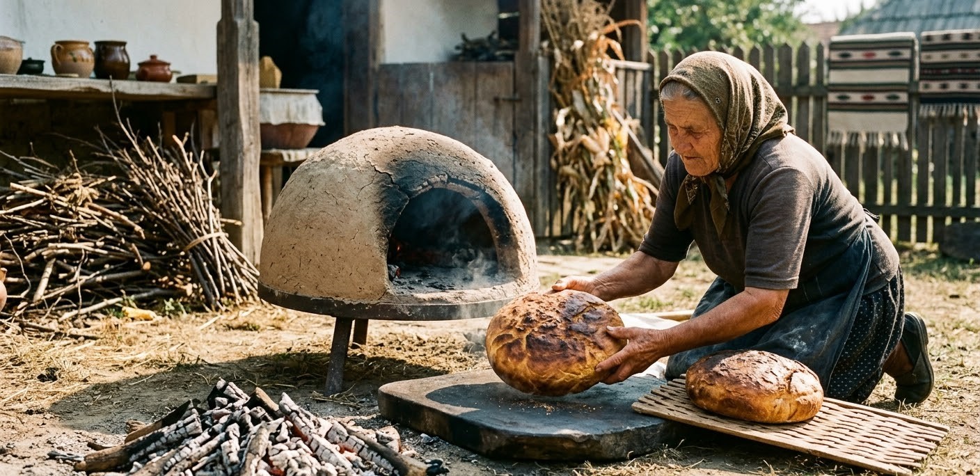 An authentic scene from a rural Romanian courtyard where an elderly woman is removing a round, golden-brown loaf of bread from beneath a traditional clay "țest," with glowing embers still smoldering nearby.
